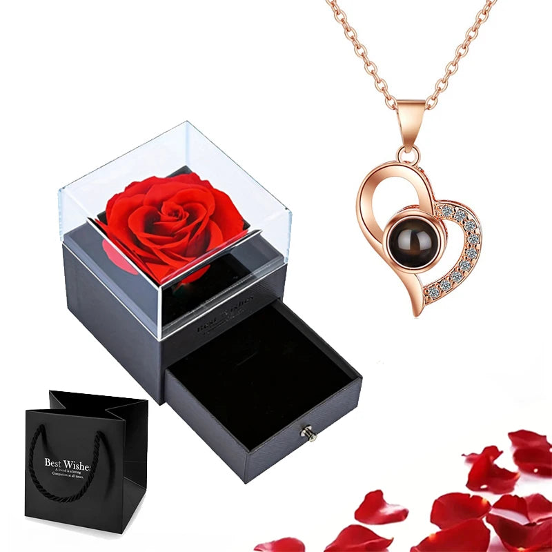 Projection Necklace Set with Rose Gift Box 100 Languages I Love You Heart Pendant Jewelry