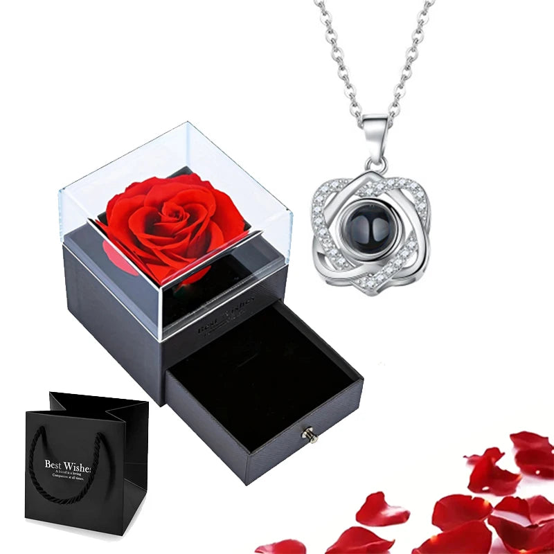 Projection Necklace Set with Rose Gift Box 100 Languages I Love You Heart Pendant Jewelry