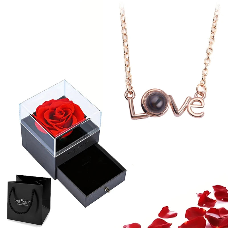 Projection Necklace Set with Rose Gift Box 100 Languages I Love You Heart Pendant Jewelry