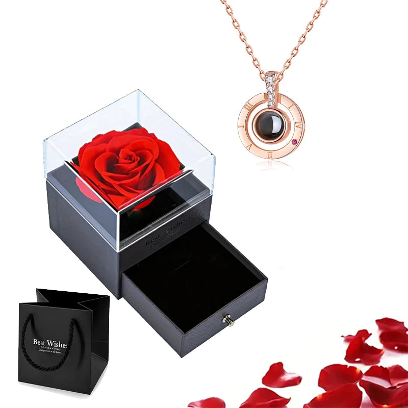 Projection Necklace Set with Rose Gift Box 100 Languages I Love You Heart Pendant Jewelry