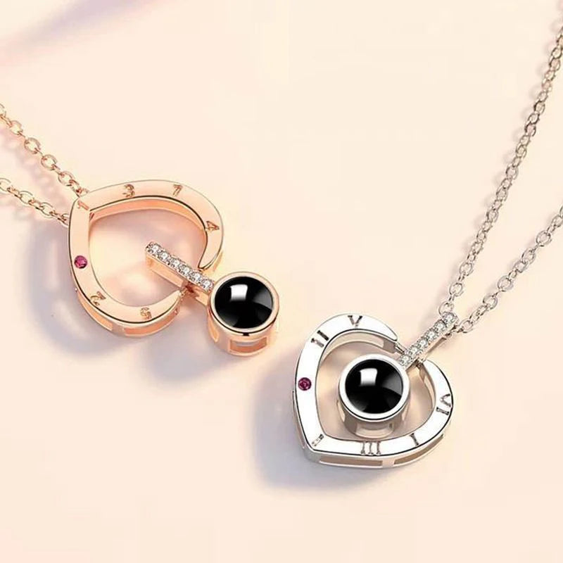 Projection Necklace Set with Rose Gift Box 100 Languages I Love You Heart Pendant Jewelry