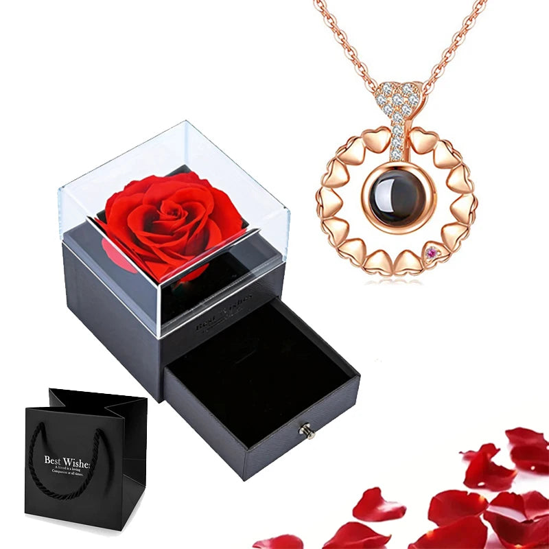 Projection Necklace Set with Rose Gift Box 100 Languages I Love You Heart Pendant Jewelry
