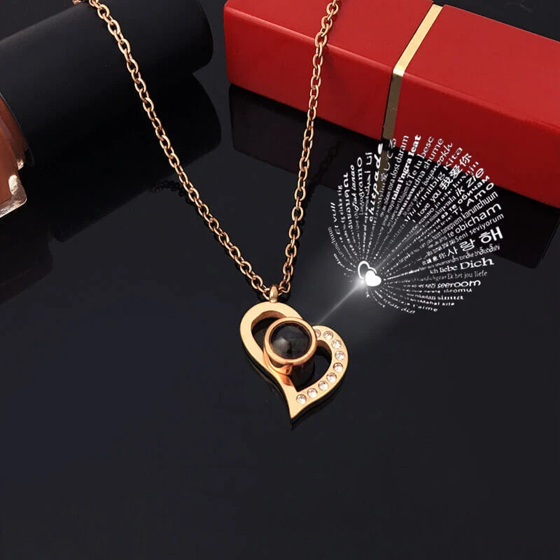Projection Necklace Set with Rose Gift Box 100 Languages I Love You Heart Pendant Jewelry