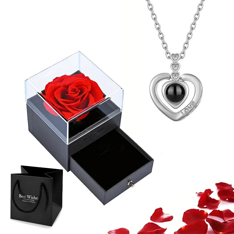 Projection Necklace Set with Rose Gift Box 100 Languages I Love You Heart Pendant Jewelry