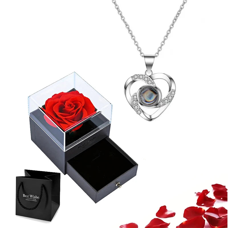 Projection Necklace Set with Rose Gift Box 100 Languages I Love You Heart Pendant Jewelry