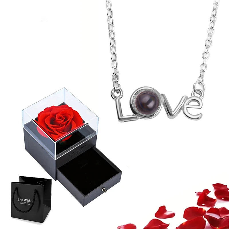 Projection Necklace Set with Rose Gift Box 100 Languages I Love You Heart Pendant Jewelry
