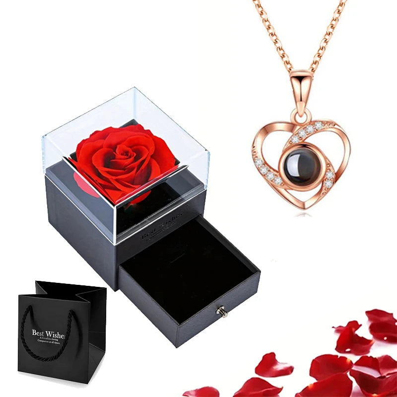 Projection Necklace Set with Rose Gift Box 100 Languages I Love You Heart Pendant Jewelry