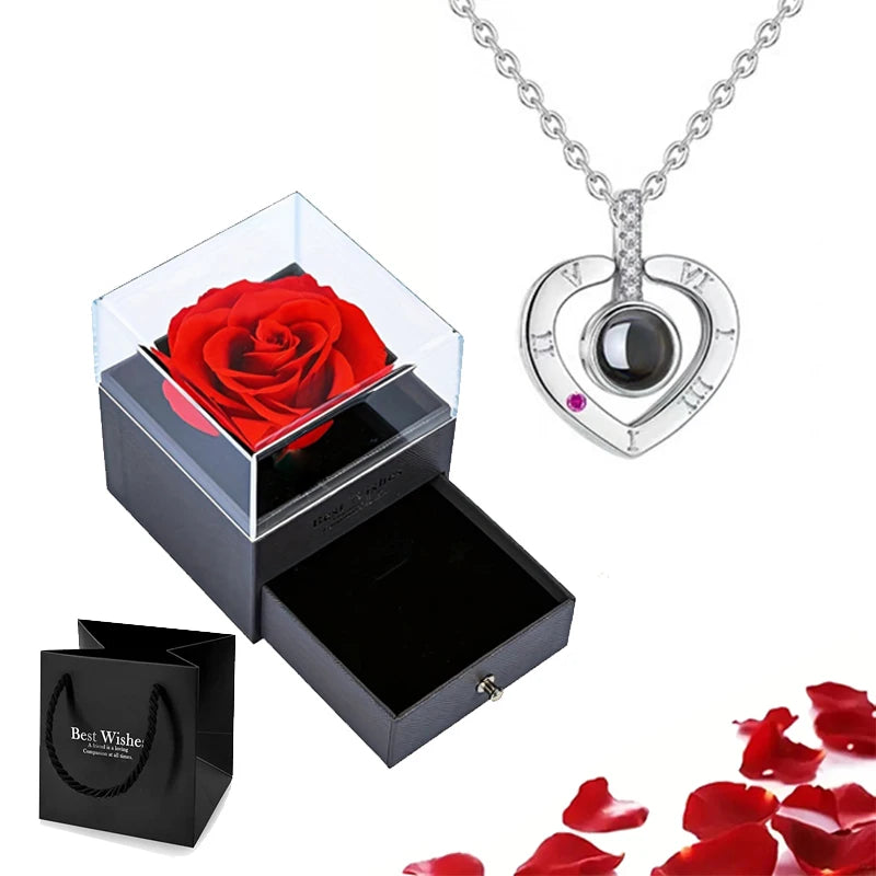 Projection Necklace Set with Rose Gift Box 100 Languages I Love You Heart Pendant Jewelry