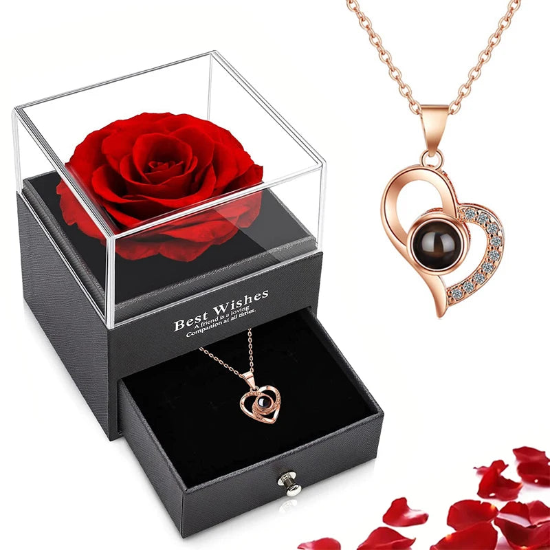 Projection Necklace Set with Rose Gift Box 100 Languages I Love You Heart Pendant Jewelry