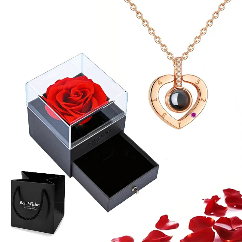 Projection Necklace Set with Rose Gift Box 100 Languages I Love You Heart Pendant Jewelry